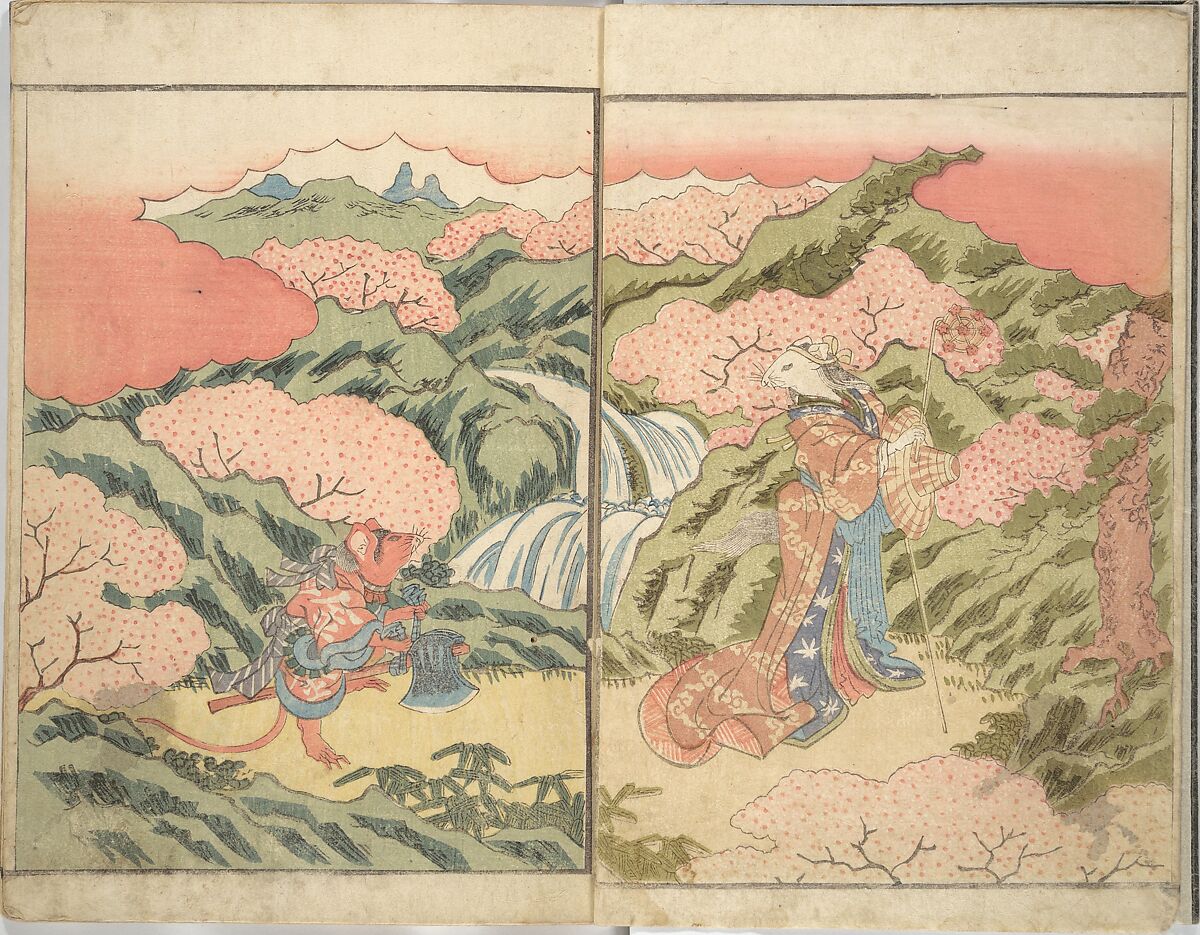 Stories of a Fortunate Rat (Komochi nezumi hana no yamauba) 持子鼠花山姥, Akatsuki no Kanenari 暁鐘成 (Japanese, 1793–1861), Set of two woodblock printed books; ink and color on paper, Japan