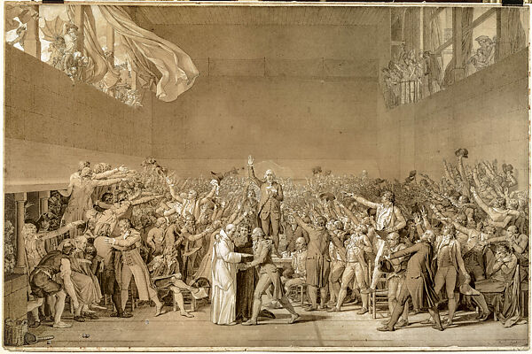 The Oath of the Tennis Court, Jacques Louis David (French, Paris 1748–1825 Brussels), Pen and brown and black ink, brush and brown wash, heightened with white, over black chalk, with two irregularly shaped fragments of paper affixed to the sheet 