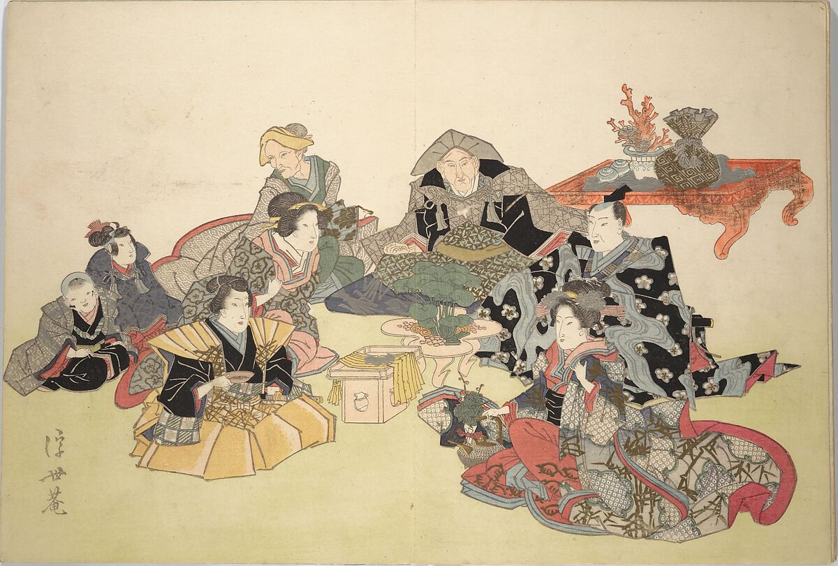 Album of the New Year (Aratama jō) 新玉帖, Tani Bunchō 谷文晁 (Japanese, 1763–1840), Woodblock printed book (orihon, accordion-style; bound); ink, color, and metallic pigments on paper, Japan