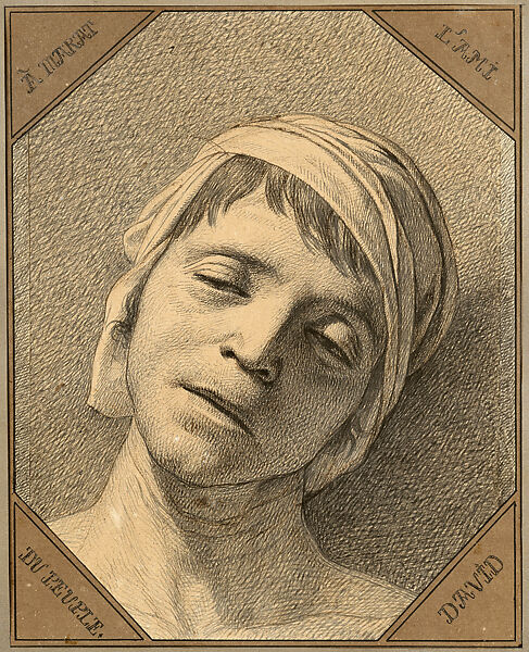 The Head of the Dead Jean Paul Marat, Jacques Louis David  French, Pen and brown and black ink, over black chalk, with strips of paper added along the left and right margins and corners cut, pasted down on board