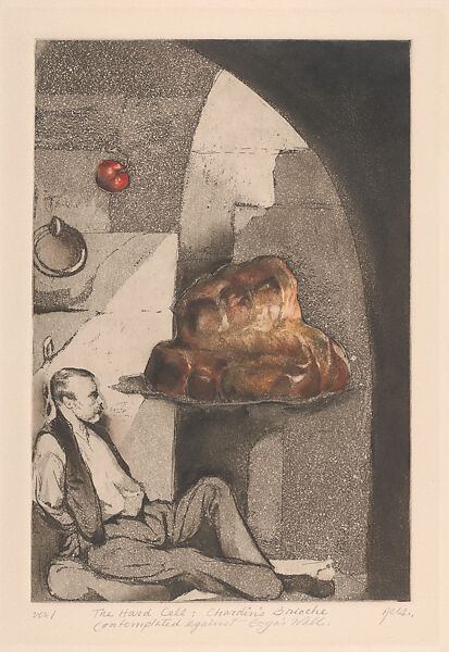 The Hard Cell: Chardin's Brioche Contemplated Against Goya's Wall, Joseph Goldyne (American, born Chicago, Illinois, 1942), Etching, aquatint, and monotype 