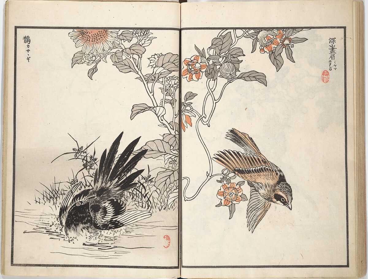 Bairei Picture Album of One Hundred Birds (Bairei hyakuchō gafu) 楳嶺百鳥畫譜, Kōno Bairei (Japanese, 1844–1895), Set of three woodblock printed books; ink and color on paper, Japan