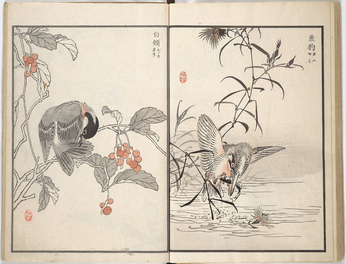 Bairei Picture Album of One Hundred Birds (Bairei hyakuchō gafu) 楳嶺百鳥畫譜, Kōno Bairei (Japanese, 1844–1895), Set of three woodblock printed books; ink and color on paper, Japan