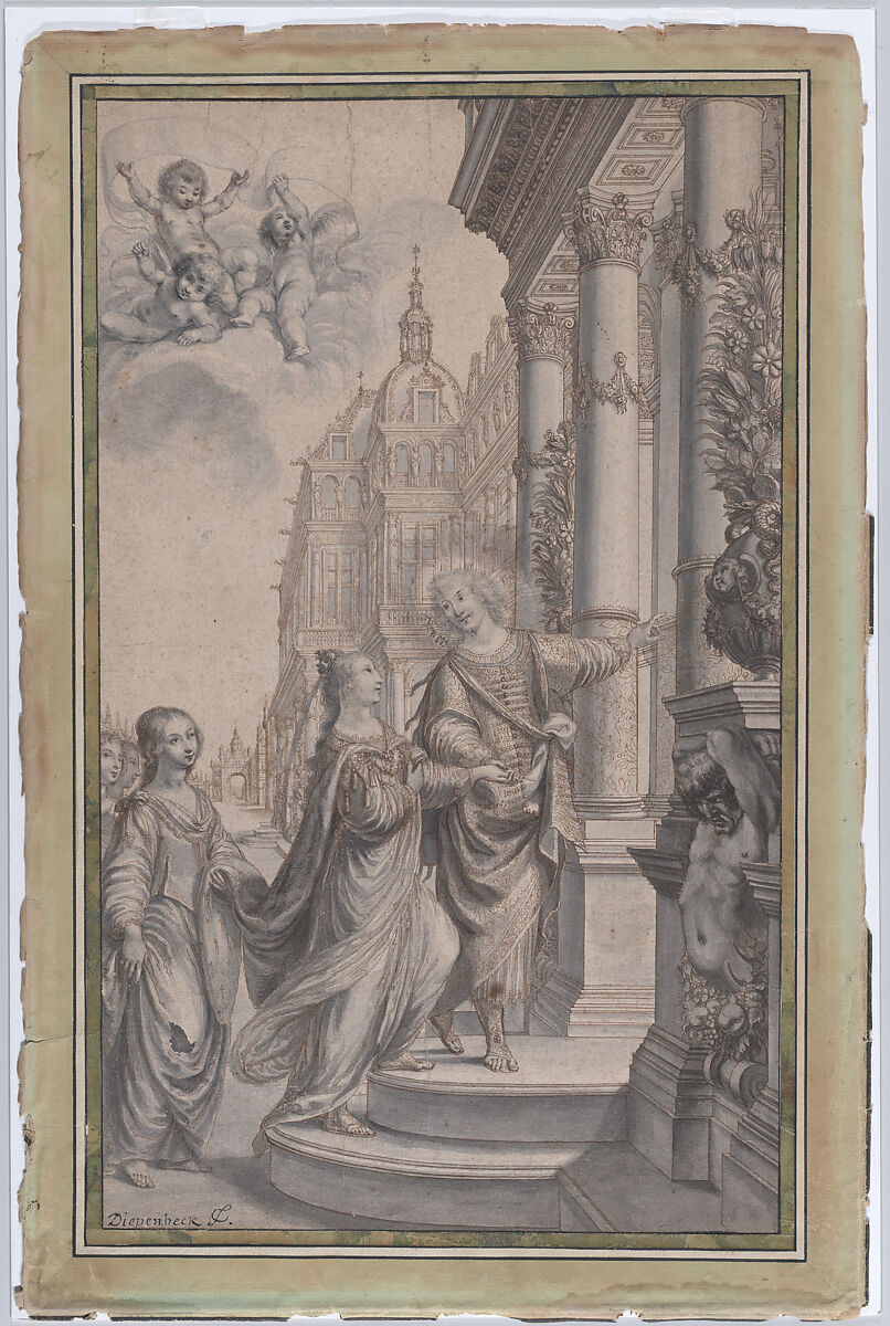 Design for a Frontispiece: A Man Guiding a Crowned Woman and her Attendants to the Entrance of a Palace, Grégoire Huret (French, Lyon 1606–1670 Paris), Pen and brown ink, brush and gray wash over traces of black chalk