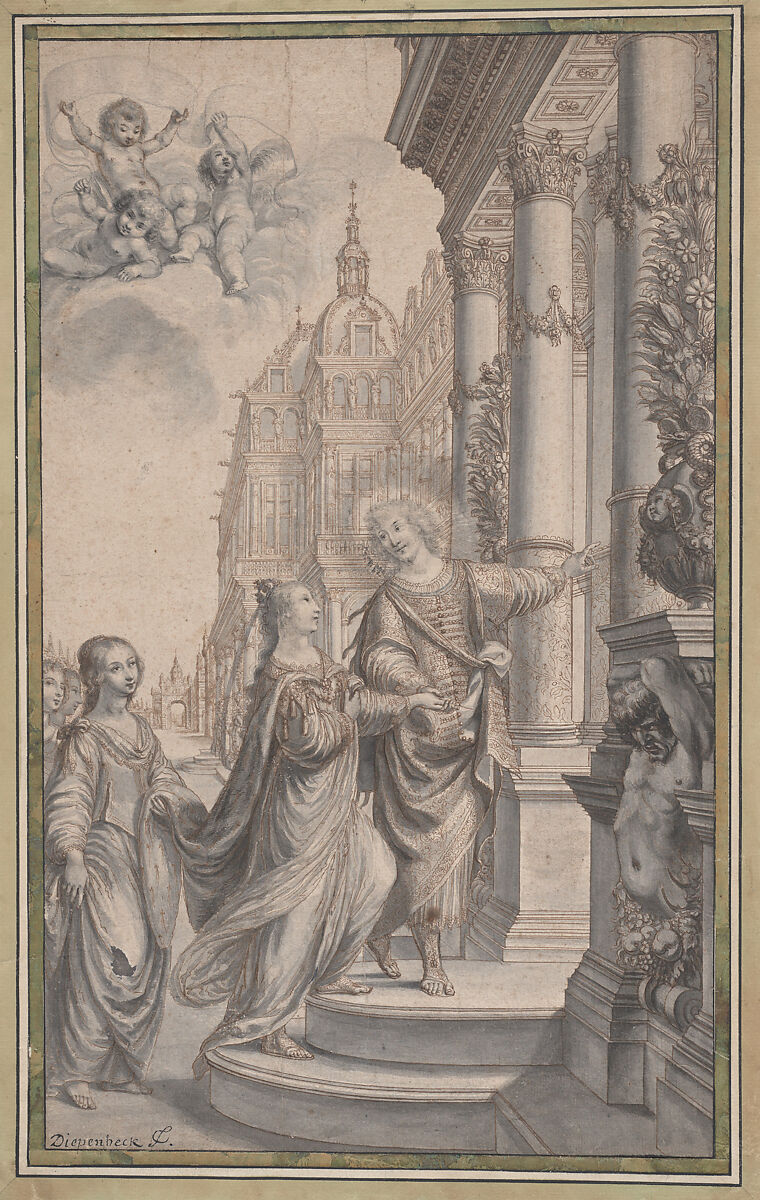 Design for a Frontispiece: A Man Guiding a Crowned Woman and her Attendants to the Entrance of a Palace, Grégoire Huret (French, Lyon 1606–1670 Paris), Pen and brown ink, brush and gray wash over traces of black chalk 
