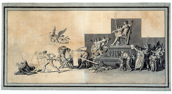 The Triumph of the French People, Jacques Louis David (French, Paris 1748–1825 Brussels), Pen and brown and black ink, brush and gray wash, heightened with white, over graphite and black chalk, squared and partially numbered (1–3 at lower left; 1–6 above the figural group at left) in graphite, with one irregularly shaped fragment of paper affixed to the sheet 
