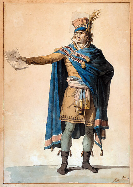 Representative of the French People on Duty, Jacques Louis David (French, Paris 1748–1825 Brussels), Pen and brown ink, watercolor; toque drawn on a separate piece of paper, cut out and affixed to the sheet 
