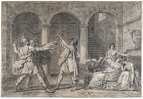 The Oath of the Horatii, Jacques Louis David (French, Paris 1748–1825 Brussels), Pen and black ink, brush and gray wash, heightened with white, over
black chalk 