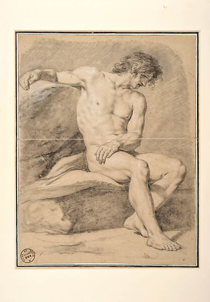 Seated Male Nude in Three-Quarter View, with Right Arm Extended to the Left, Jacques Louis David  French, Black chalk, stumped, heightened with white