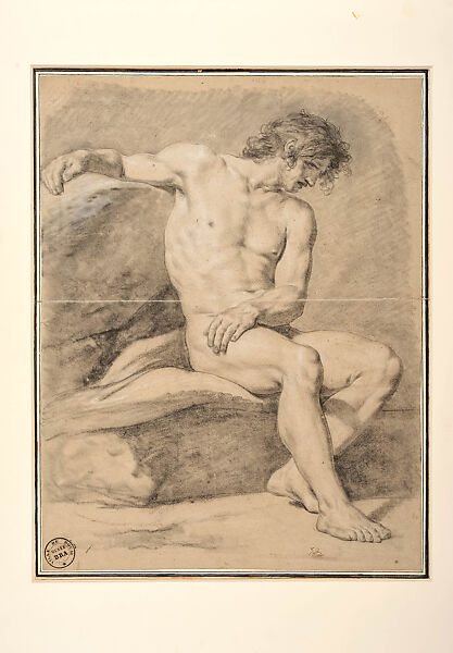 Seated Male Nude in Three-Quarter View, with Right Arm Extended to the Left, Jacques Louis David (French, Paris 1748–1825 Brussels), Black chalk, stumped, heightened with white 