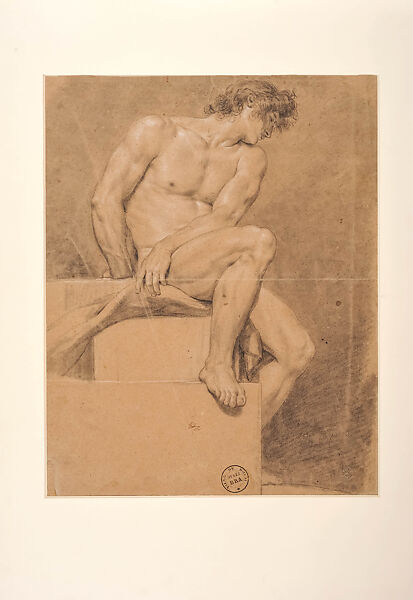 Seated Male Nude in Three-Quarter View, Head Turned to the Right, with Bent Right Leg Resting on a Platform, Jacques Louis David (French, Paris 1748–1825 Brussels), Black chalk, stumped, heightened with white 