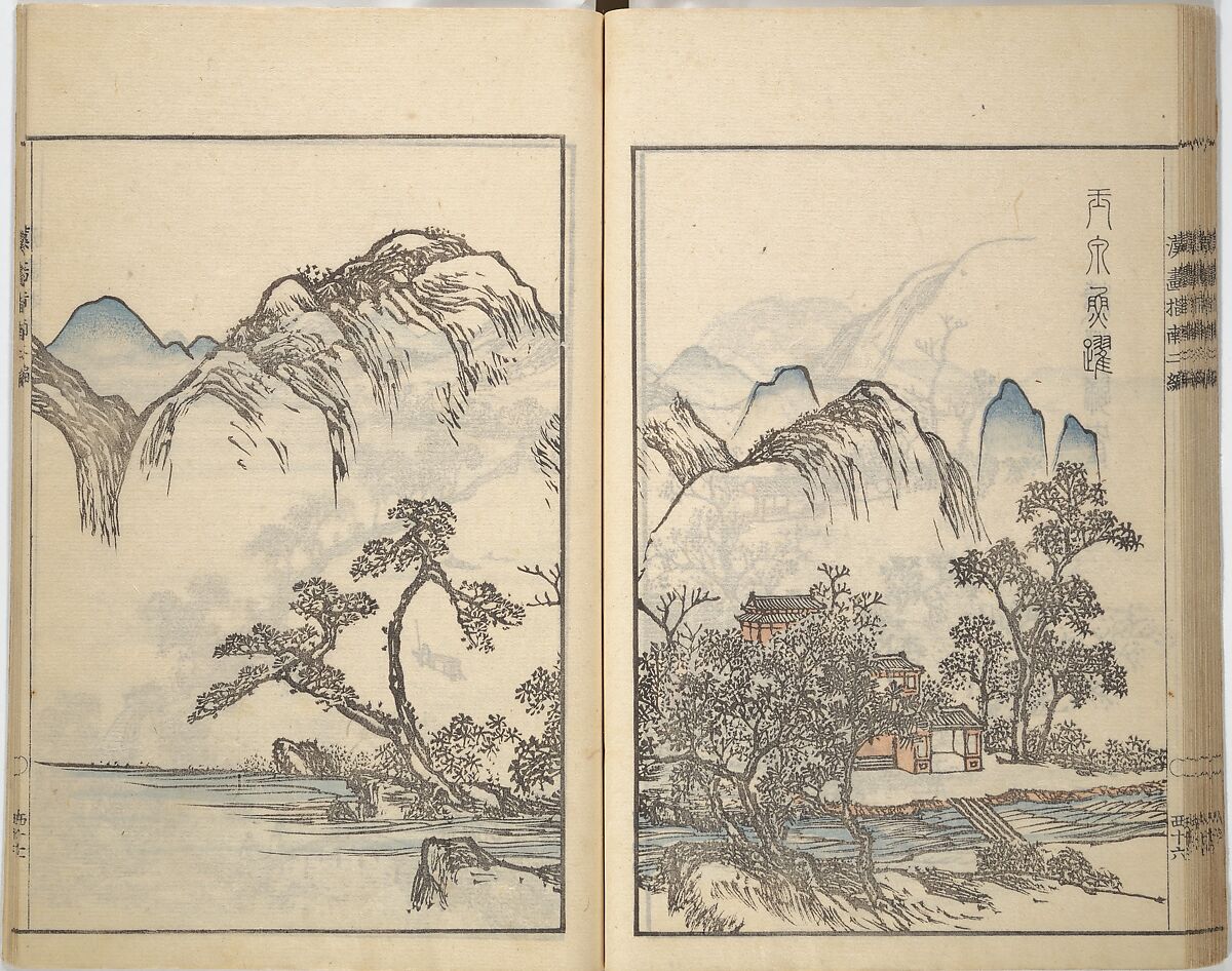 Guide to Chinese Painting, Second Series (Kanga shinan nihen), Illustrations by Kawamura Bunpō (Japanese, 1779–1821), Set of three woodblock printed books; ink and color on paper, Japan