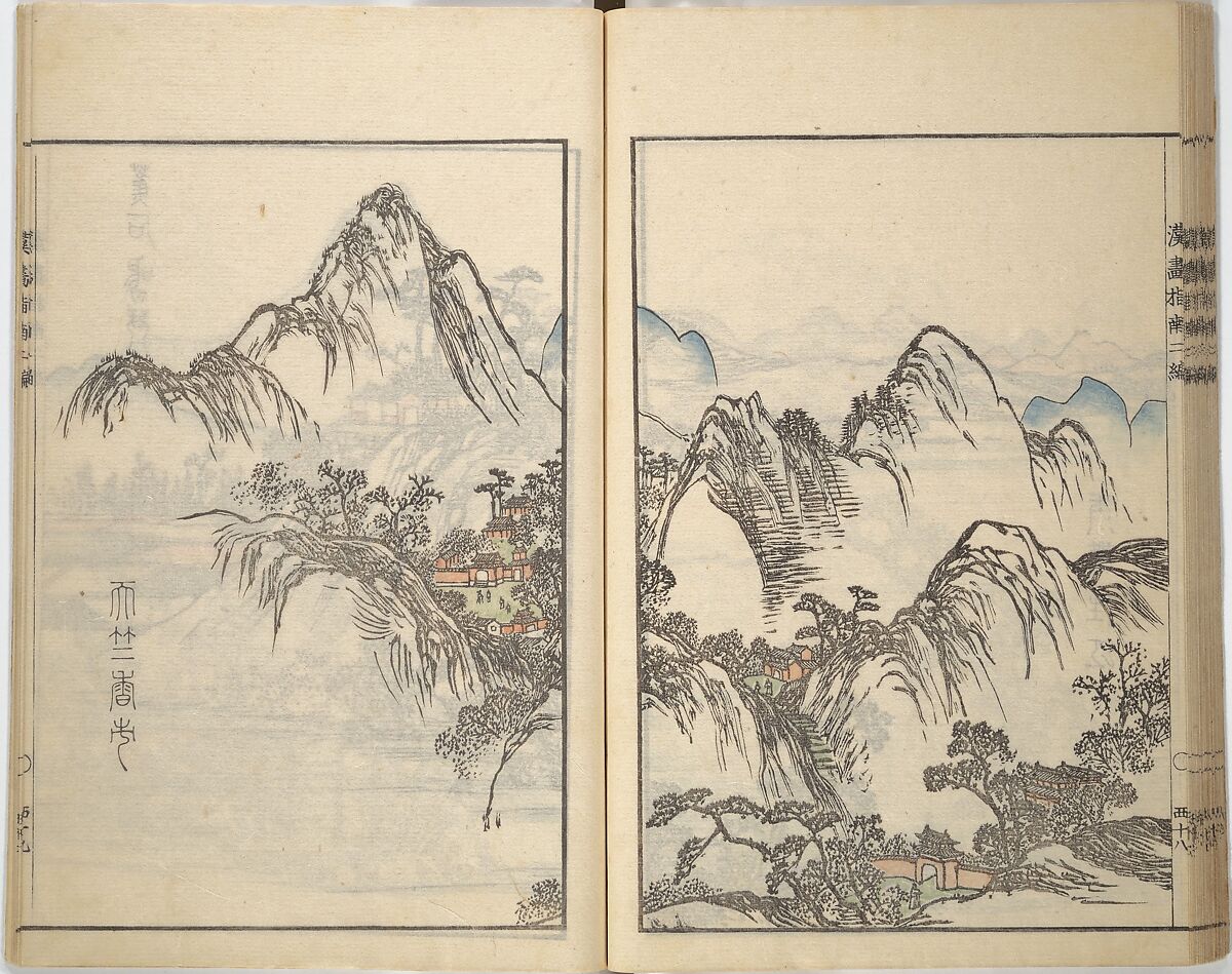 Guide to Chinese Painting, Second Series (Kanga shinan nihen), Illustrations by Kawamura Bunpō (Japanese, 1779–1821), Set of three woodblock printed books; ink and color on paper, Japan
