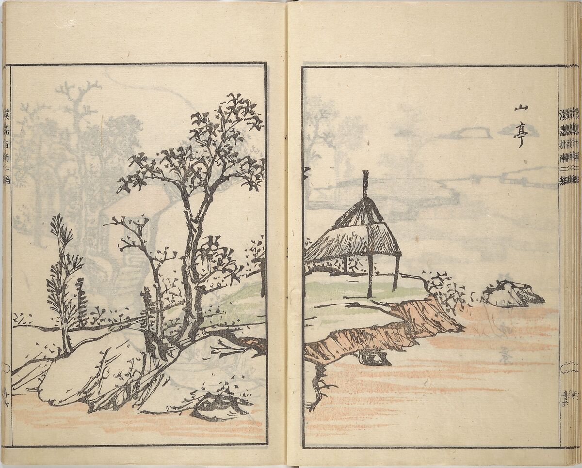 Guide to Chinese Painting, Second Series (Kanga shinan nihen), Illustrations by Kawamura Bunpō (Japanese, 1779–1821), Set of three woodblock printed books; ink and color on paper, Japan