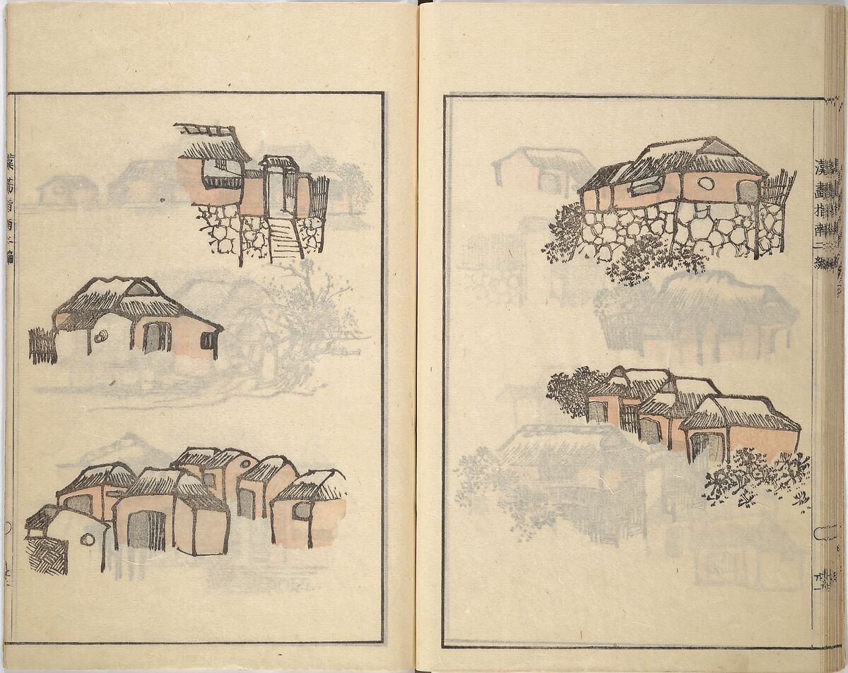 Guide to Chinese Painting, Second Series (Kanga shinan nihen), Illustrations by Kawamura Bunpō (Japanese, 1779–1821), Set of three woodblock printed books; ink and color on paper, Japan