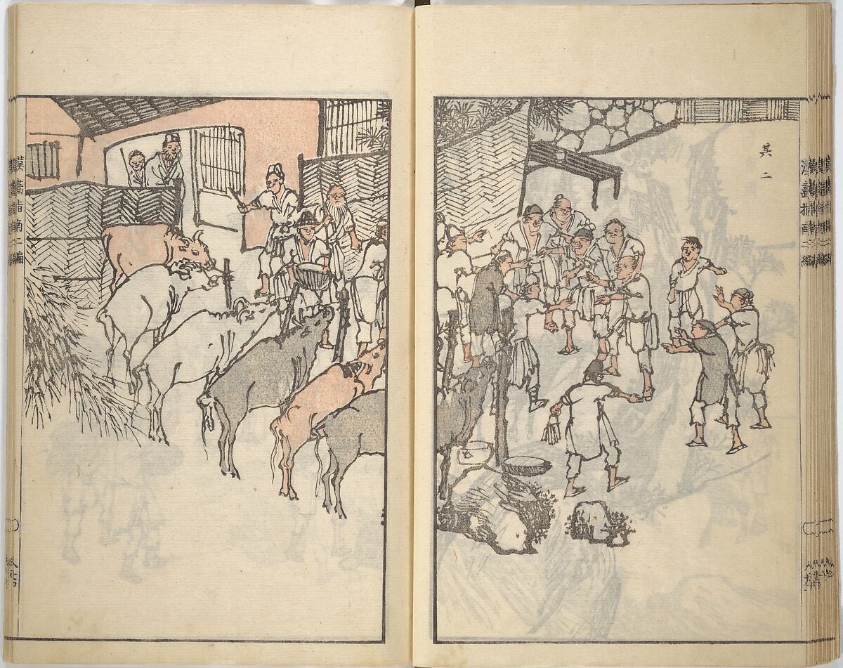 Guide to Chinese Painting, Second Series (Kanga shinan nihen), Illustrations by Kawamura Bunpō (Japanese, 1779–1821), Set of three woodblock printed books; ink and color on paper, Japan