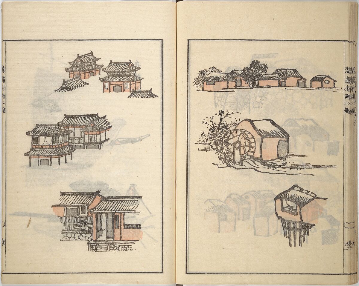 Guide to Chinese Painting, Second Series (Kanga shinan nihen), Illustrations by Kawamura Bunpō (Japanese, 1779–1821), Set of three woodblock printed books; ink and color on paper, Japan