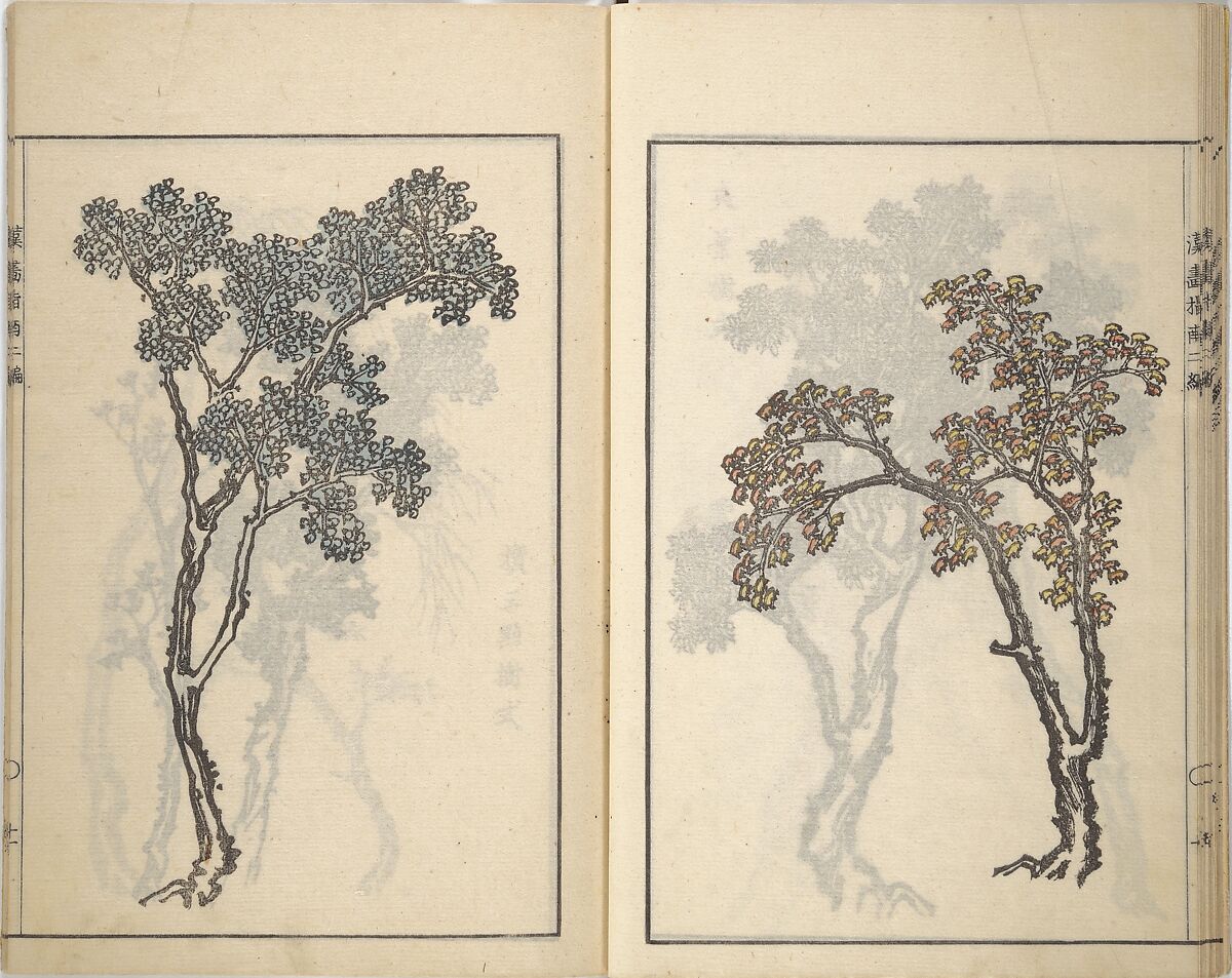Guide to Chinese Painting, Second Series (Kanga shinan nihen), Illustrations by Kawamura Bunpō (Japanese, 1779–1821), Set of three woodblock printed books; ink and color on paper, Japan