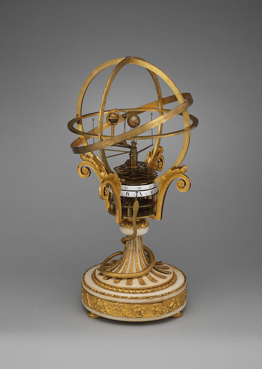 Orrery clock, Louis Thouverez (French, master 1788– died after 1823), Cast and gilded bronze, Carrara marble, copper, brass, steel, enamel, French, Paris 