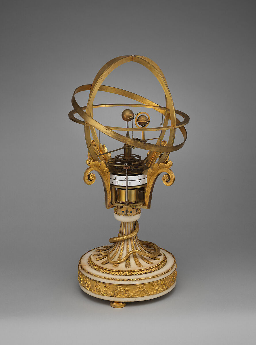 Orrery clock, Louis Thouverez (French, master 1788– died after 1823), Cast and gilded bronze, Carrara marble, copper, brass, steel, enamel, French, Paris