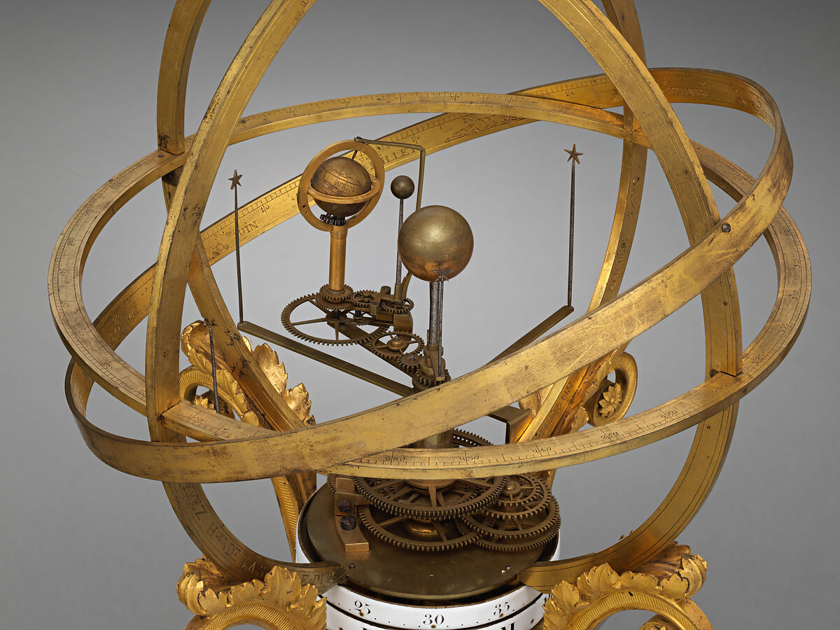 Orrery clock, Louis Thouverez (French, master 1788– died after 1823), Cast and gilded bronze, Carrara marble, copper, brass, steel, enamel, French, Paris