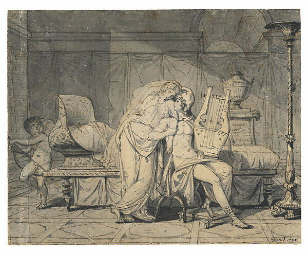 Paris and Helen, Jacques Louis David  French, Pen and brown and black ink, brush and gray wash, with a strip of paper added along the left margin