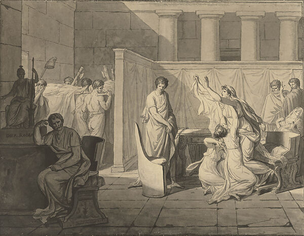 The Lictors Bringing Brutus the Bodies of His Sons, Jacques Louis David  French, Pen and black ink, brush and gray wash, over black chalk