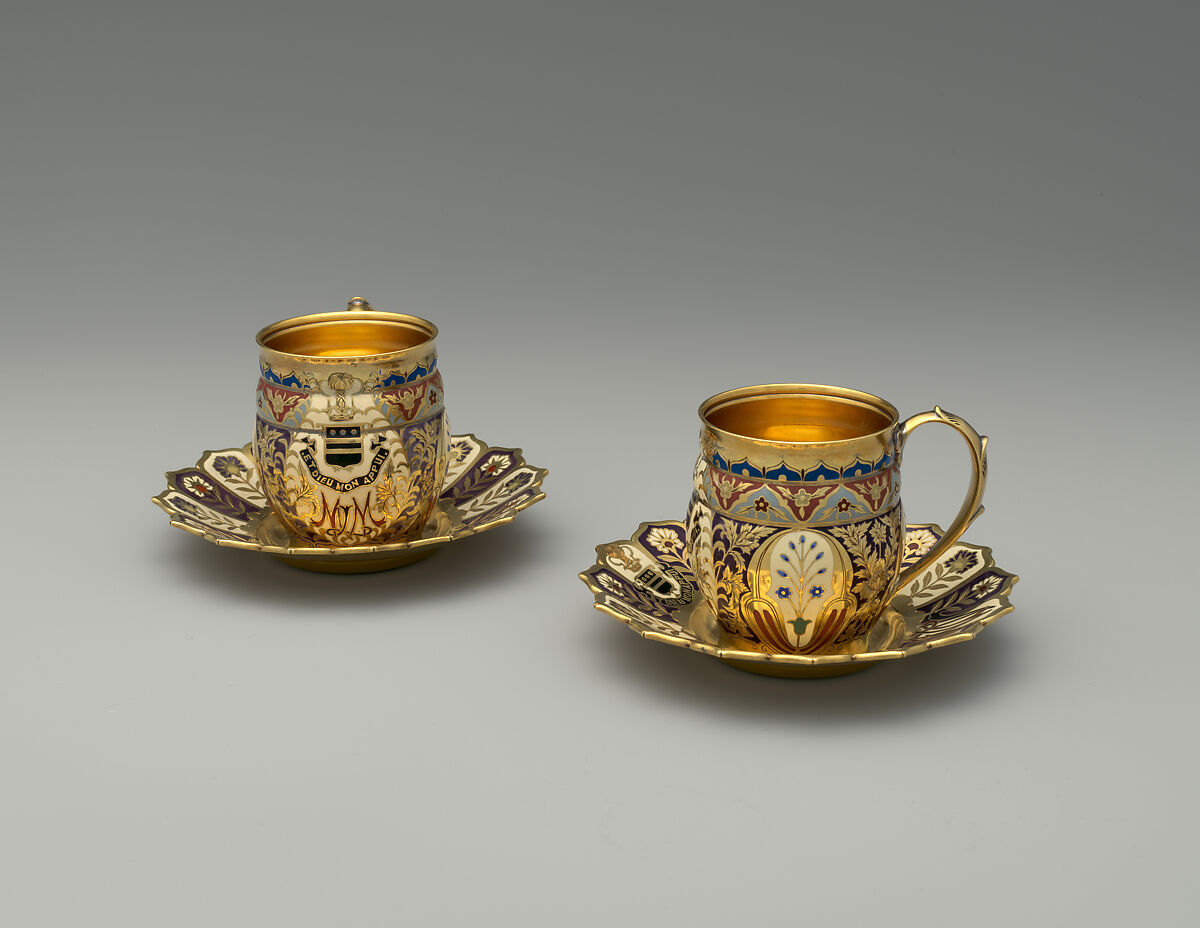 Two cups and saucers from the Mackay Service, Tiffany &amp; Co. (1837–present), Silver-gilt and enamel, American 