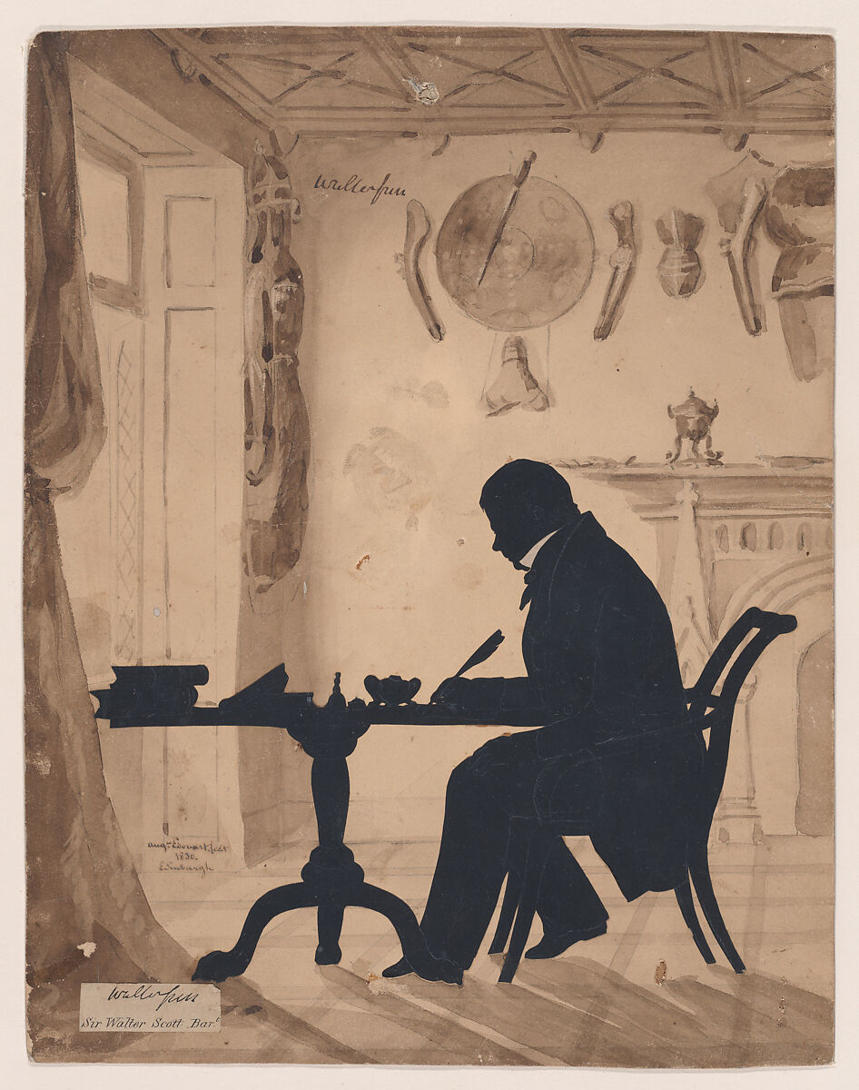 Sir Walter Scott, Auguste Edouart (French, 1789–1861), Cut paper silhouette, brush and brown wash background 