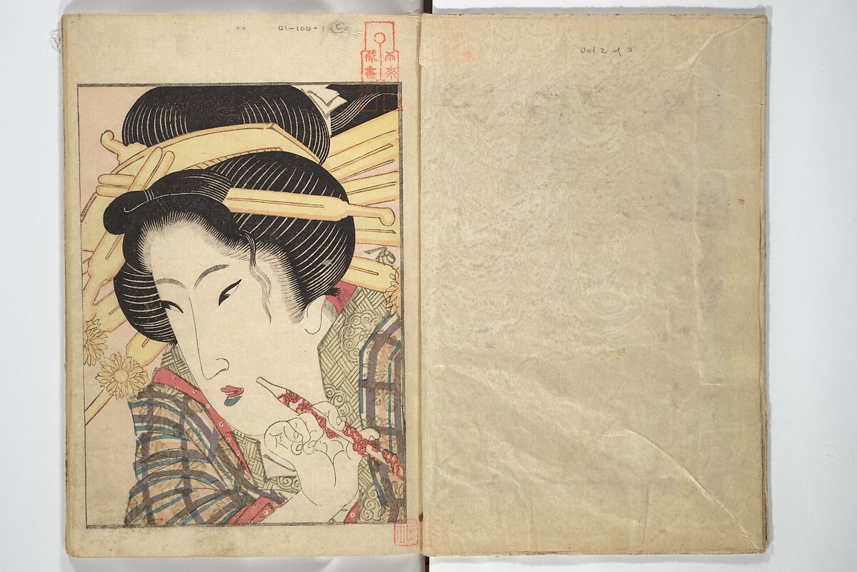 A Modern Day "Clear Mirror" (Masukagami) 万寿嘉々見, Keisai Eisen 渓斎英泉 (Japanese, 1790–1848), Set of three woodblock printed books; ink and color on paper, Japan