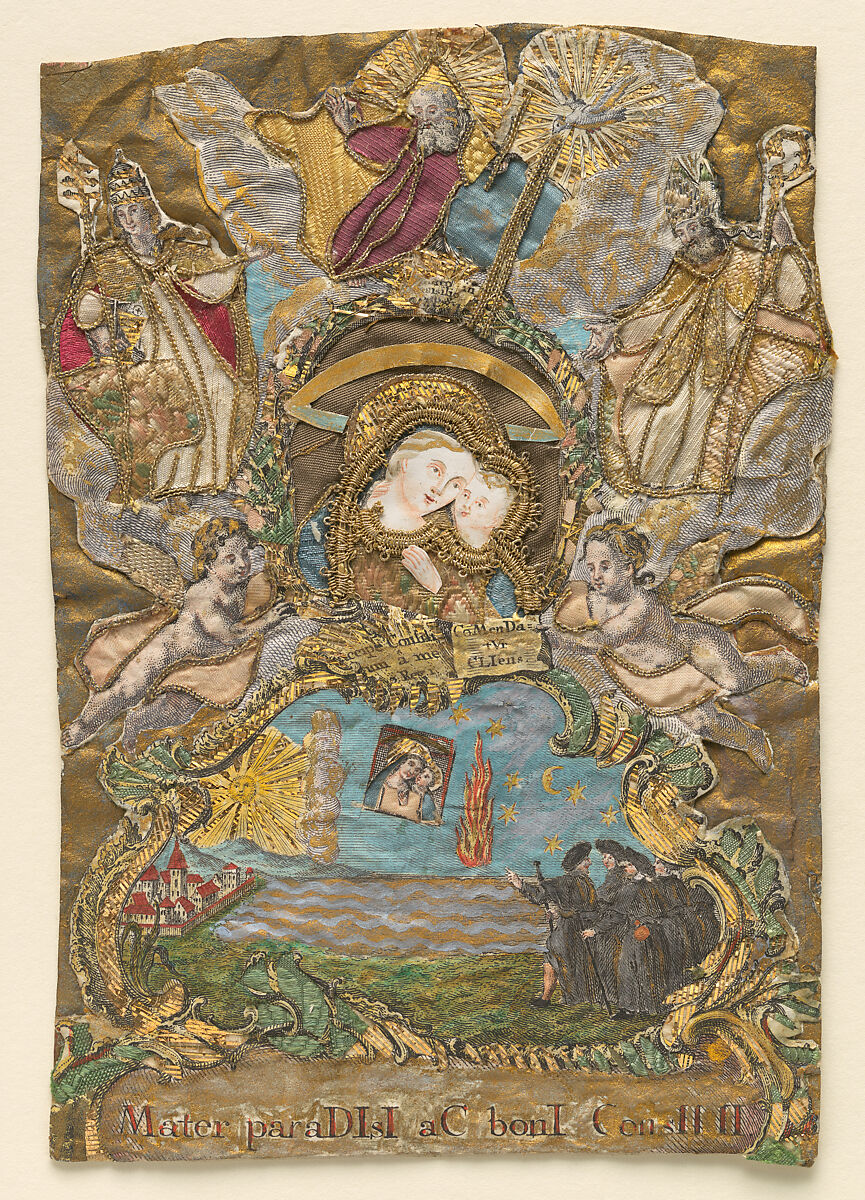 The Madonna of Paradise, Our Lady of Good Counsel, Anonymous, German, 18th century, Mixed media with hand-colored engraving, fabric, metallic thread, and paint on paper 