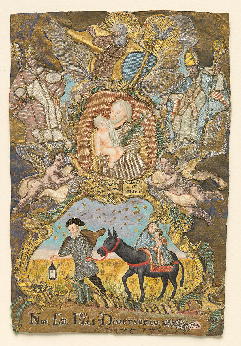 Saint Joseph with the Christ Child, Anonymous, German, 18th century, Mixed media with hand-colored engraving, fabric, metallic thread, and paint on paper 