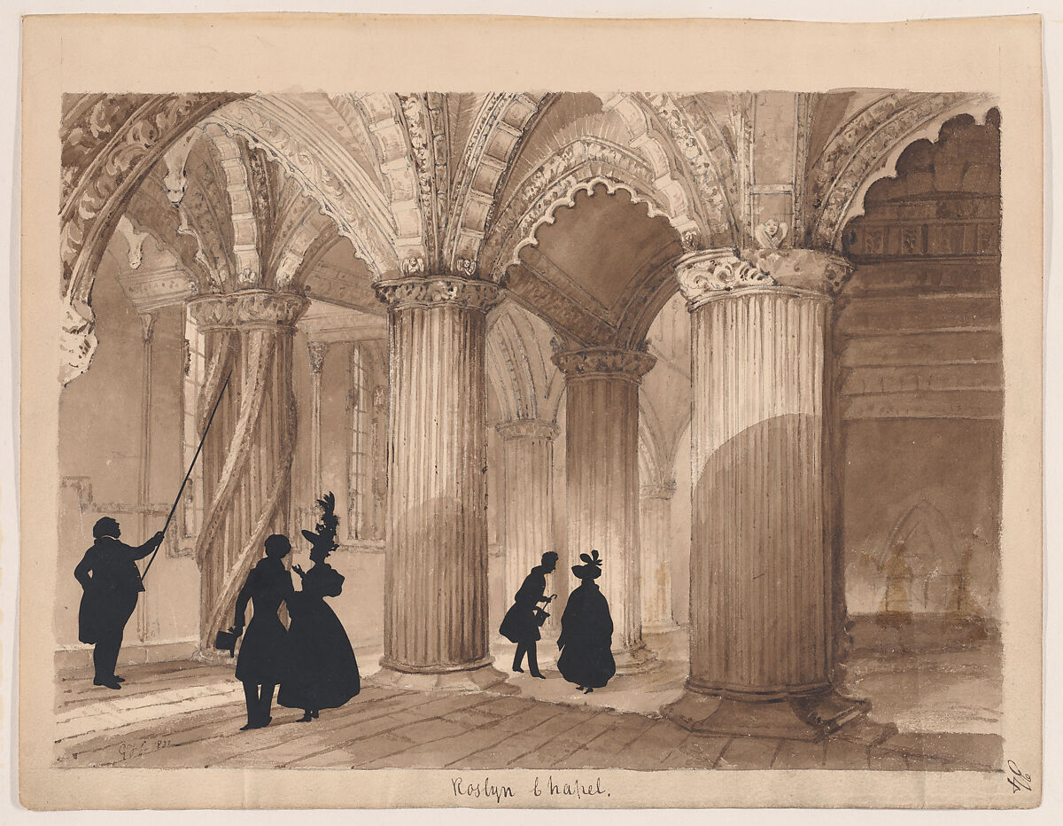Roslyn Chapel, Auguste Edouart (French, 1789–1861), Cut paper silhouette, graphite, and brush and brown wash 