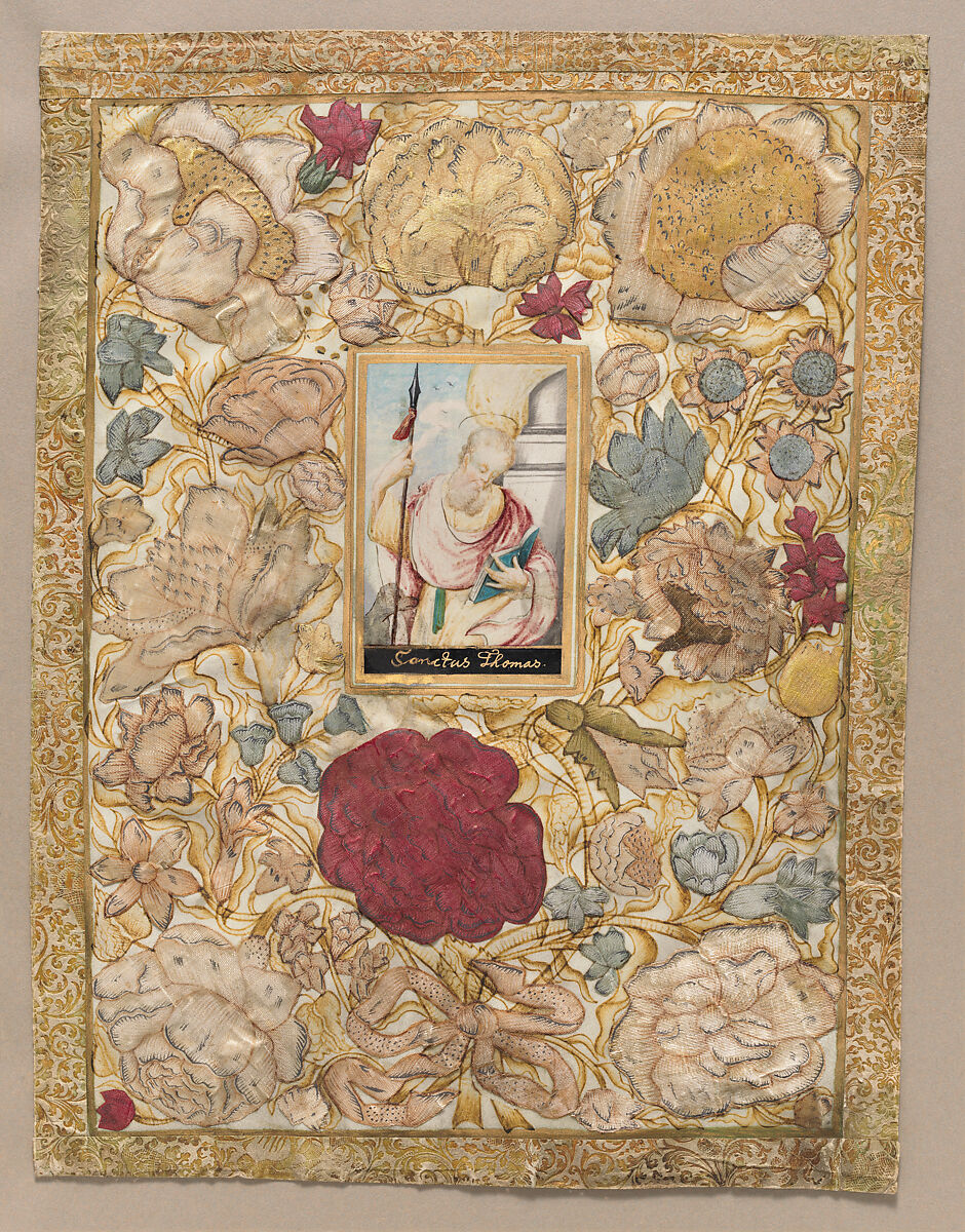 Saint Thomas, Anonymous, German, 18th century, Ink, silk, and painted vellum on a sheet of vellum with a gilt-stamped paper border 