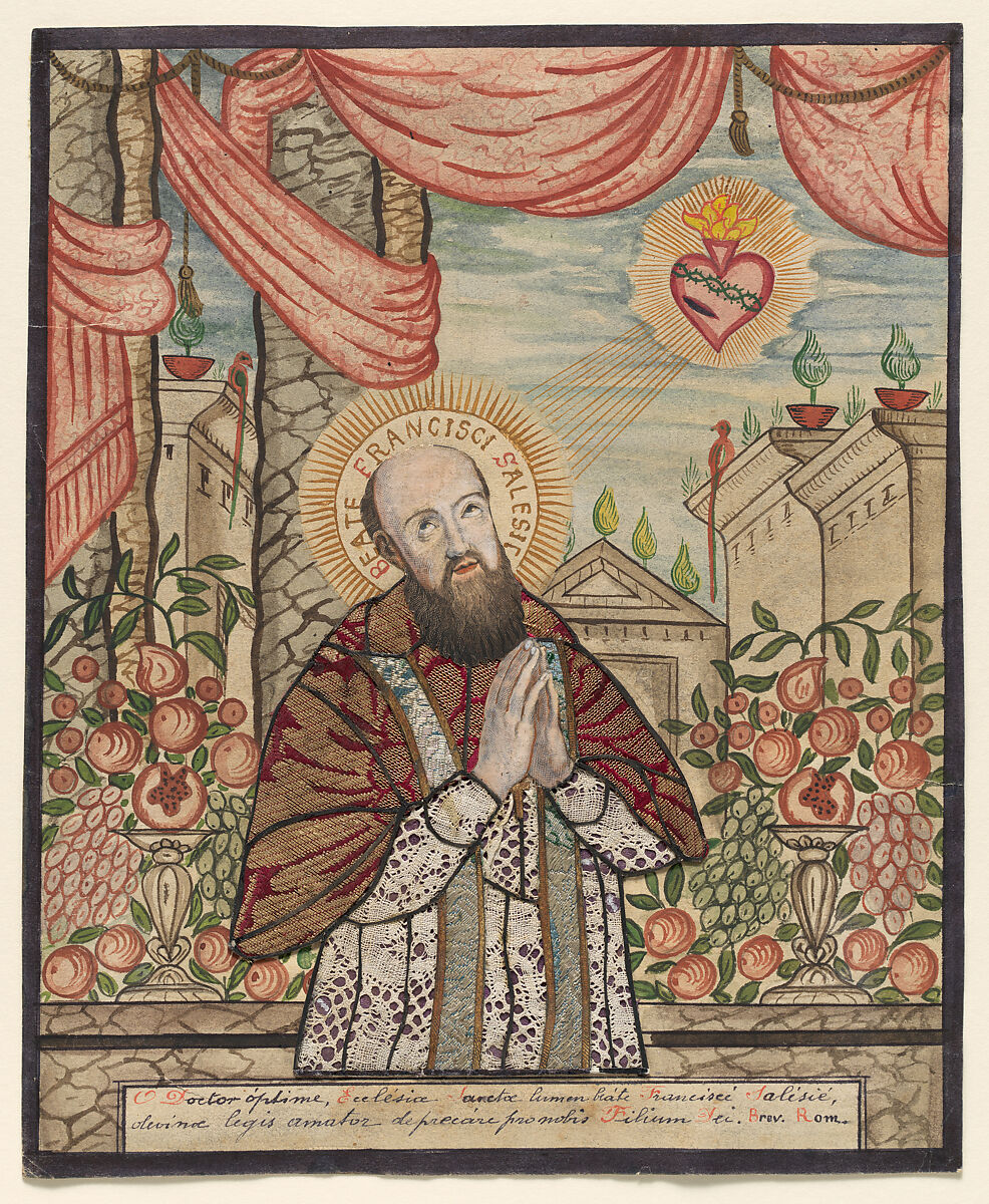 Saint Francis de Sales, Anonymous, 18th century, Mixed media with hand-colored engraving, fabric, lace, and paint on paper 