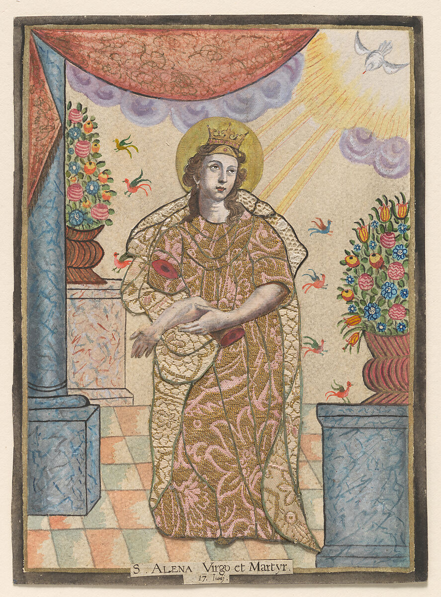 Saint Alena, Anonymous, 18th century, Mixed media with hand-colored engraving, fabric, lace, and paint on paper 