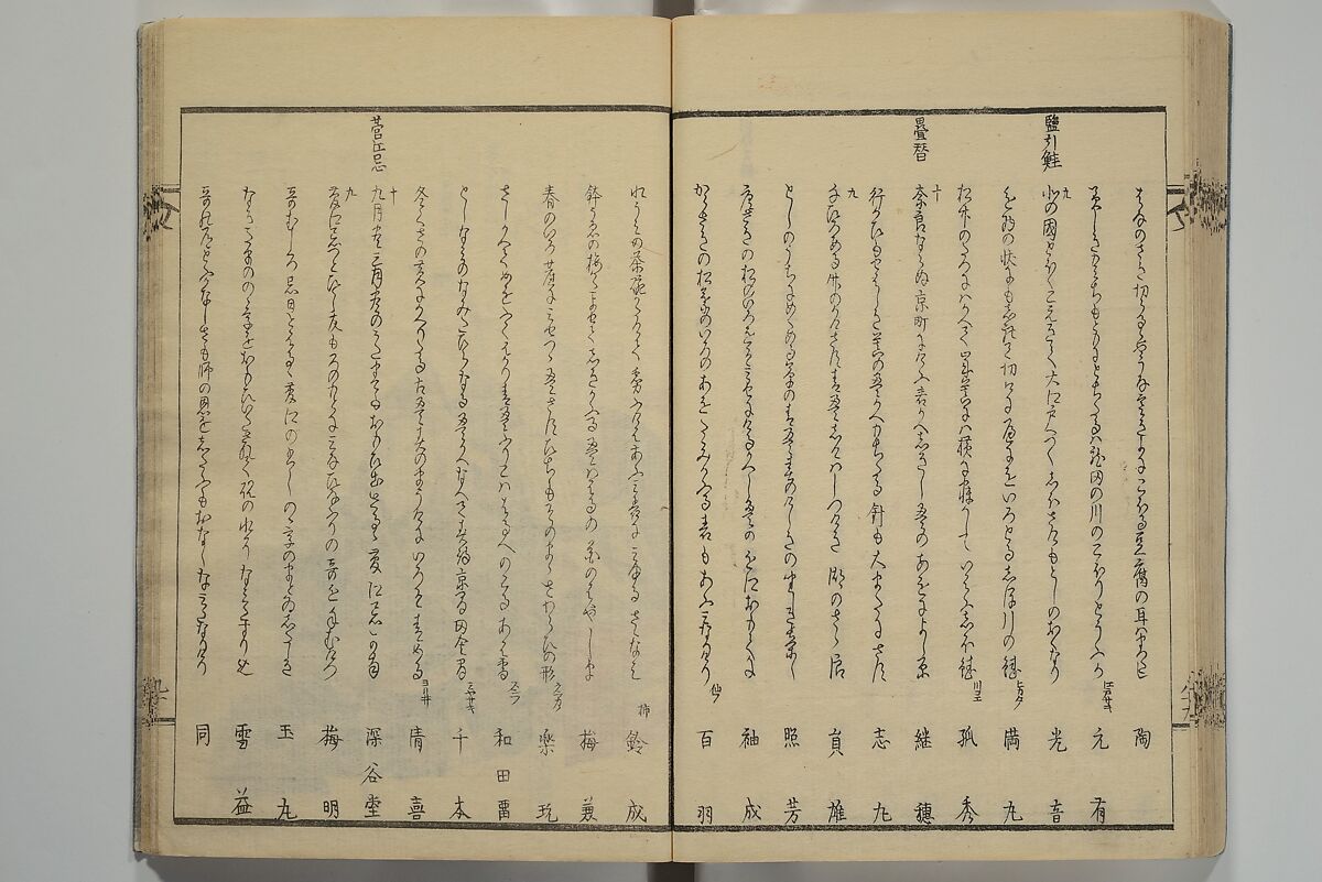 Collection of Kyōka Verse with Portraits of Poets in Famous Numerical Groupings (Kyōka meisū gazō shū) 狂歌名数画像集, Yashima Gakutei 八島岳亭 (Japanese, 1786?–1868), Set of three woodblock printed books; ink and color on paper, Japan