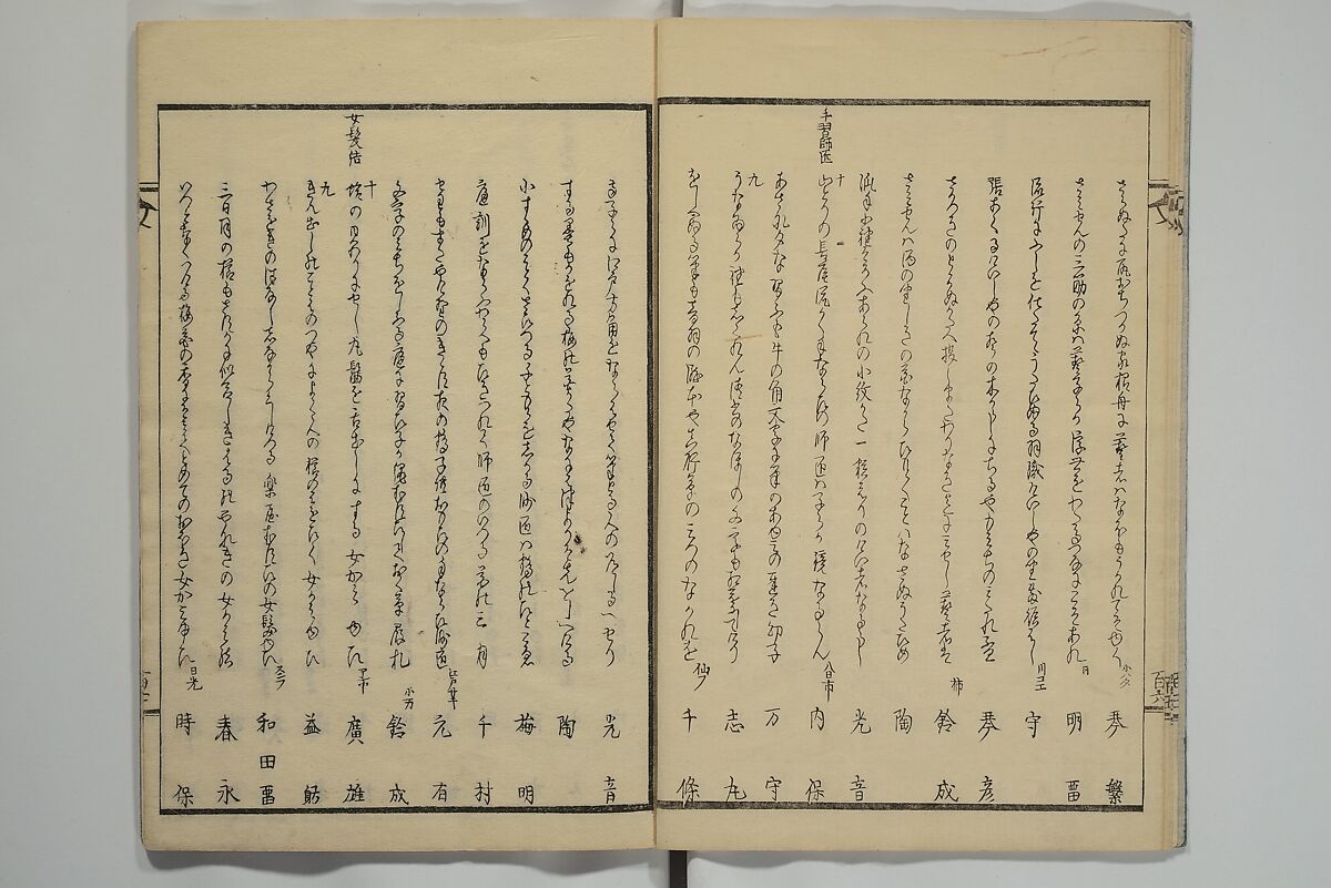 Collection of Kyōka Verse with Portraits of Poets in Famous Numerical Groupings (Kyōka meisū gazō shū) 狂歌名数画像集, Yashima Gakutei 八島岳亭 (Japanese, 1786?–1868), Set of three woodblock printed books; ink and color on paper, Japan