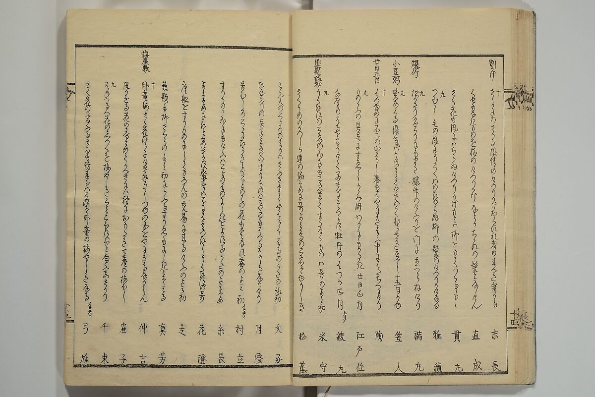 Collection of Kyōka Verse with Portraits of Poets in Famous Numerical Groupings (Kyōka meisū gazō shū) 狂歌名数画像集, Yashima Gakutei 八島岳亭 (Japanese, 1786?–1868), Set of three woodblock printed books; ink and color on paper, Japan