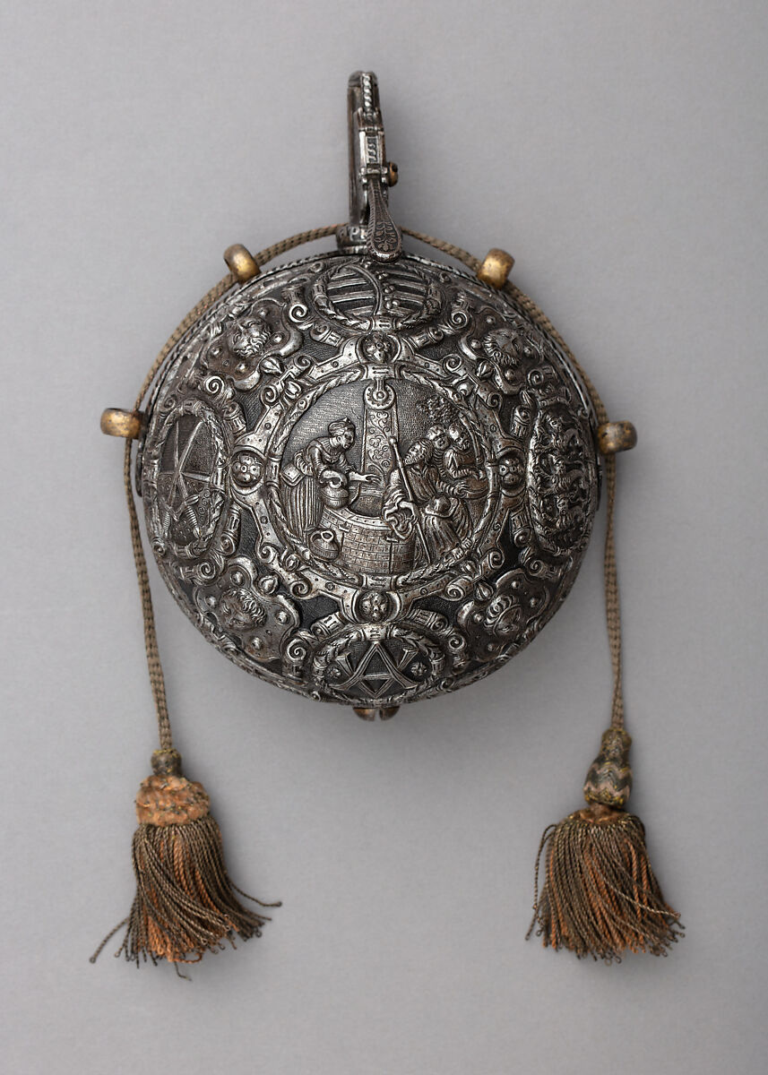 Priming Flask Bearing the Monograms and Arms of the Prince-Elector August I of Saxony (reigned 1553–86) and  Anna of Denmark (reigned 1553–85), Master Thomas der Schwertfeger (possibly Thomas Rucker) (German, active Augsburg, Vienna, and Dreseden, 1535–1606), Iron, gold, silver, silk, German, probably Saxony 