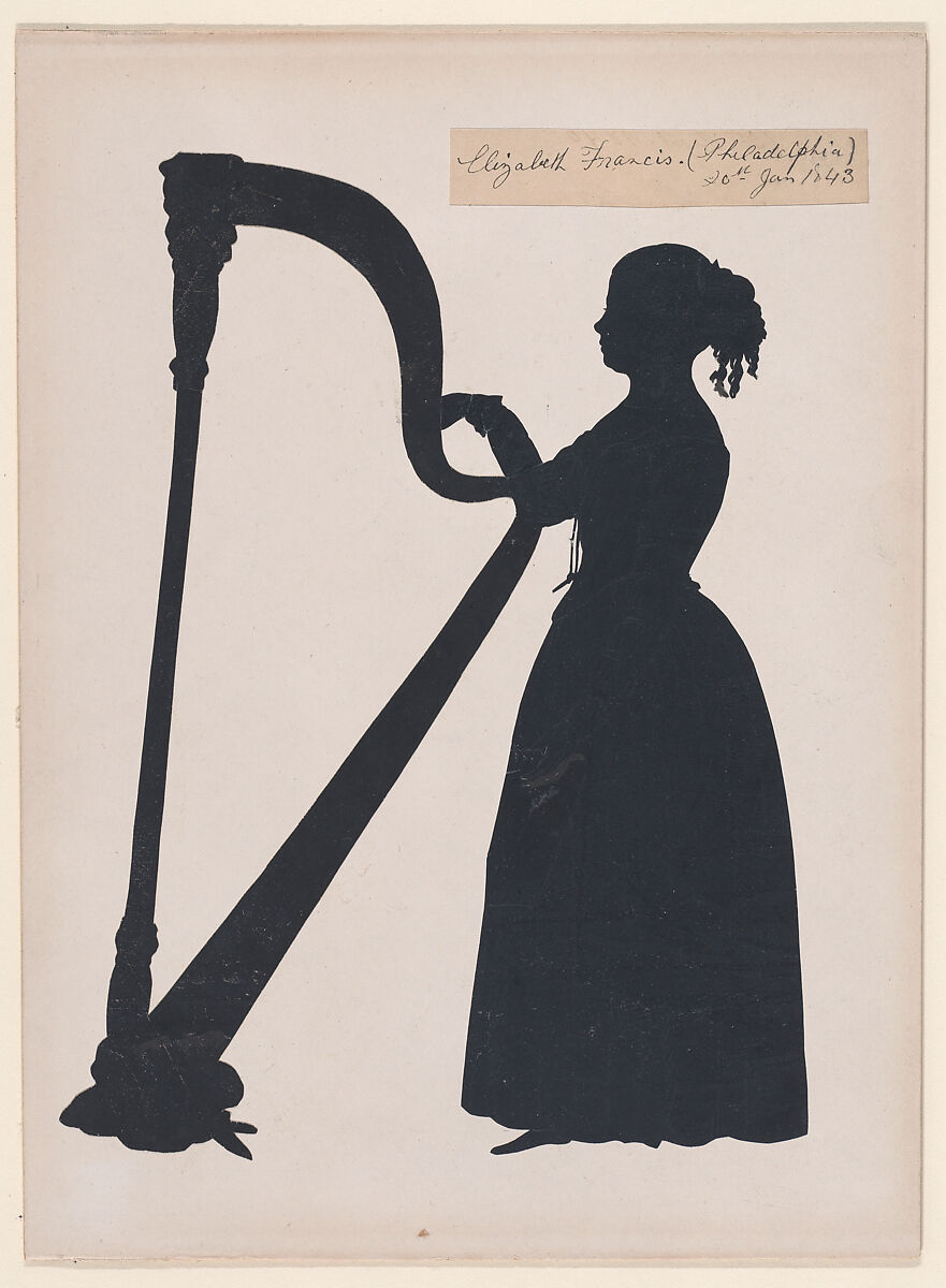 Elizabeth Francis, standing to the left with a harp, Auguste Edouart (French, 1789–1861), Cut paper silhouette 