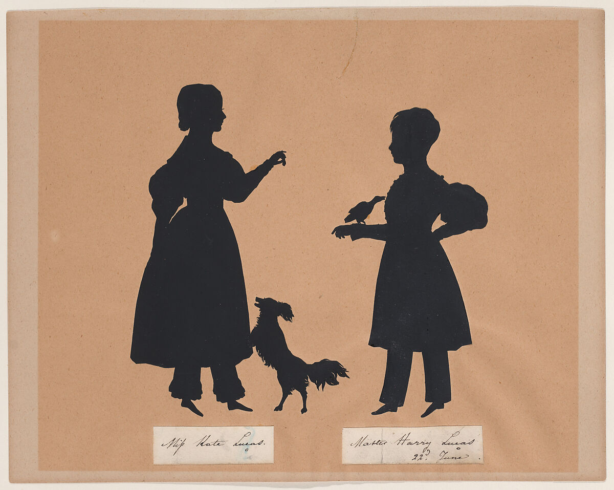 Kate and Harry Lucas, playing with a dog and a bird, Auguste Edouart (French, 1789–1861), Cut paper silhouette 
