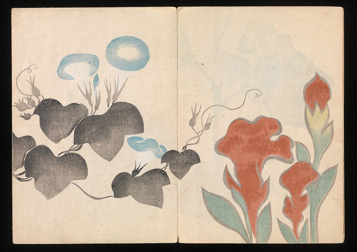 Kōrin Picture Album (Kōrin gafu) 光琳画譜, Nakamura Hōchū 中村芳中 (Japanese, died 1819), Woodblock printed book in two volumes (orihon, accordion-style); ink and color on paper, Japan