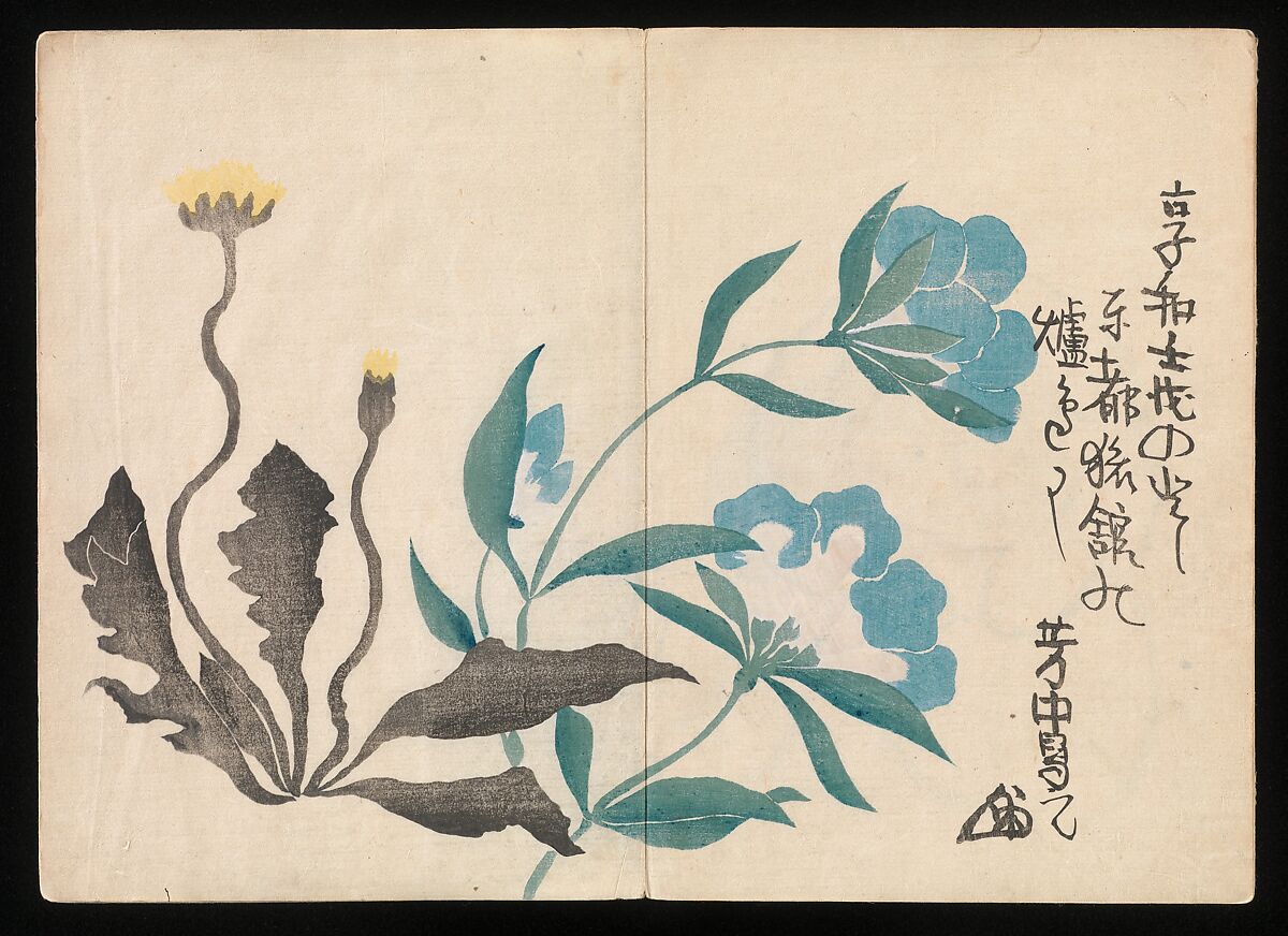 Kōrin Picture Album (Kōrin gafu) 光琳画譜, Nakamura Hōchū 中村芳中 (Japanese, died 1819), Woodblock printed book in two volumes (orihon, accordion-style); ink and color on paper, Japan