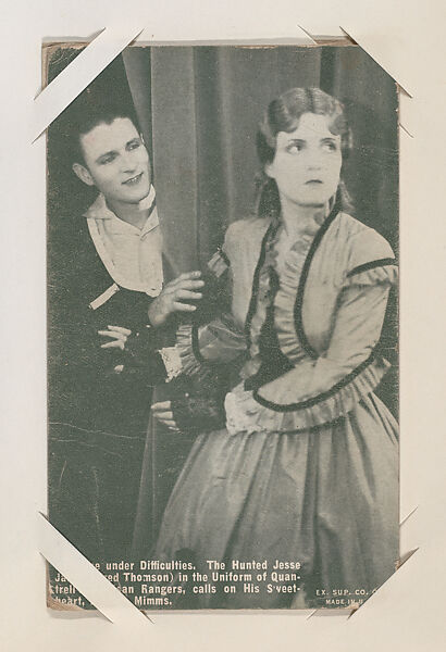 Romance under Difficulties. The Hunted Jesse James (Fred Thomson) in the Uniform of Quantrell's Partisan Rangers, calls on His Sweetheart, Zerelda Mimms from Western Stars or Scenes Exhibit Cards series (W412), Exhibit Supply Company, Commercial color photolithograph 