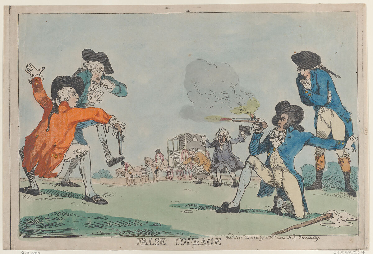False Courage, Thomas Rowlandson (British, London 1757–1827 London), Hand-colored etching