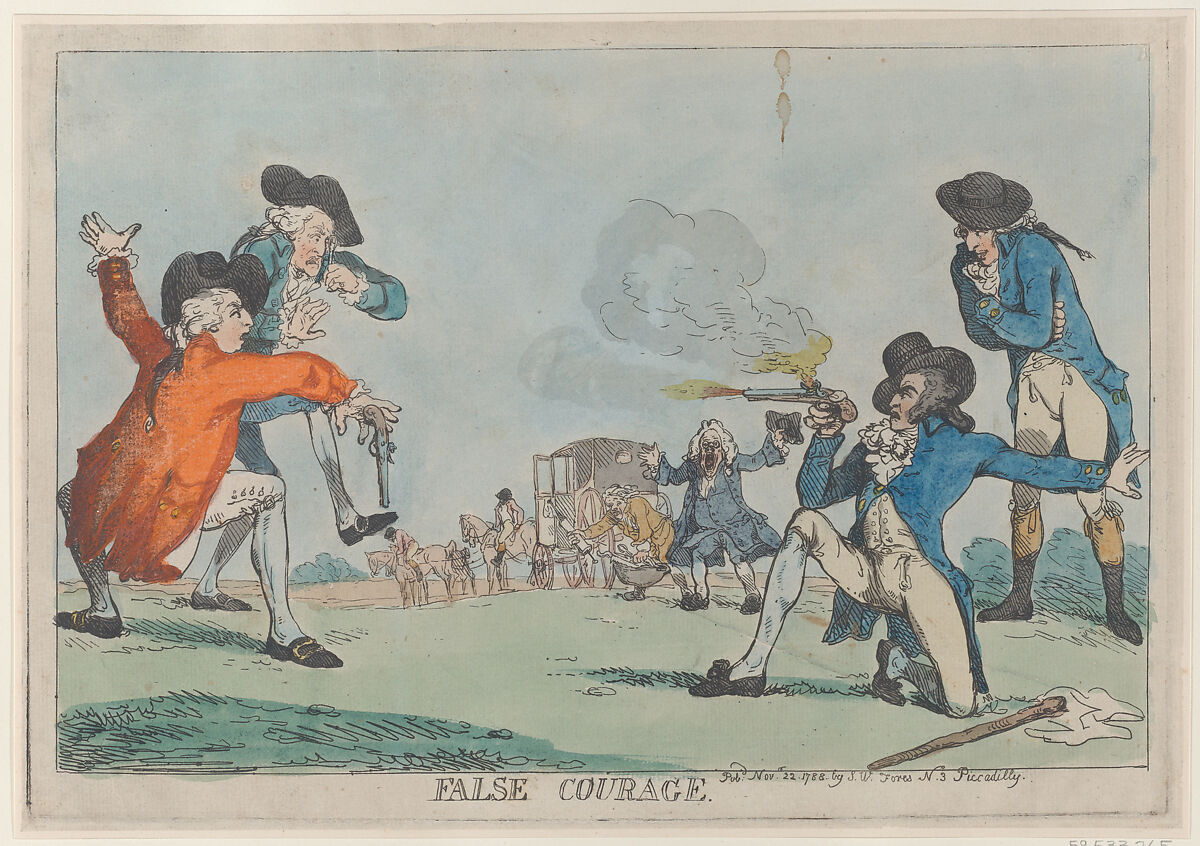 False Courage, Thomas Rowlandson (British, London 1757–1827 London), Hand-colored etching