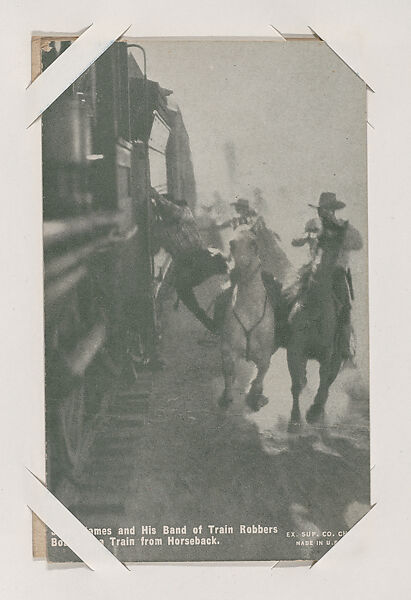 Jesse James and His Band of Train Robbers Board a Train from Horseback from Western Stars or Scenes Exhibit Cards series (W412), Exhibit Supply Company, Commercial color photolithograph 