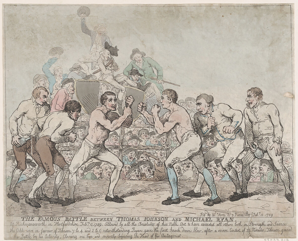 The Famous Battle Between Thomas Johnson and Michael Ryan, February 11, 1789, Attributed to Thomas Rowlandson (British, London 1757–1827 London), Hand-colored etching 