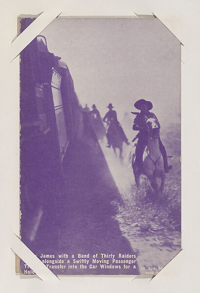 Jesse James with a Band of Thirty Raiders Gallop alongside a Swiftly Moving Passenger  Train to Transfer into the Car Windows for a Hold-up from Western Stars or Scenes Exhibit Cards series (W412), Exhibit Supply Company, Commercial color photolithograph 
